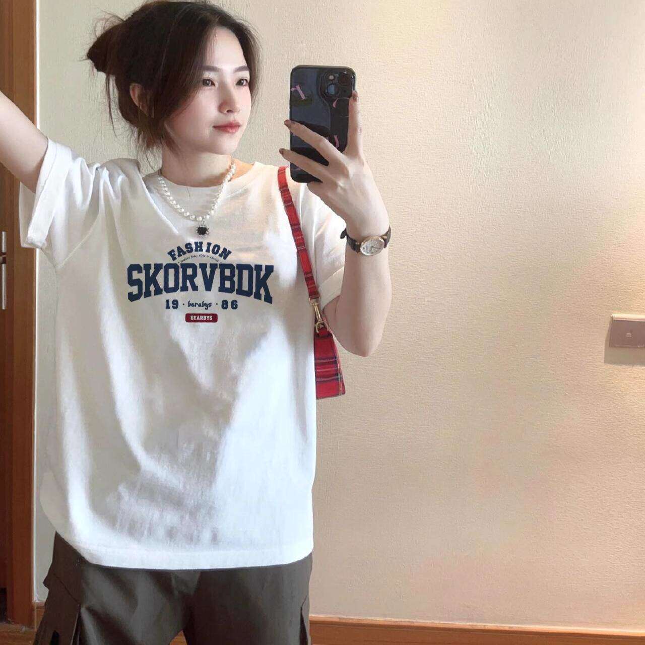 重磅纯棉美式高街白色短袖t恤女2026新款夏季宽松设计感正肩上衣