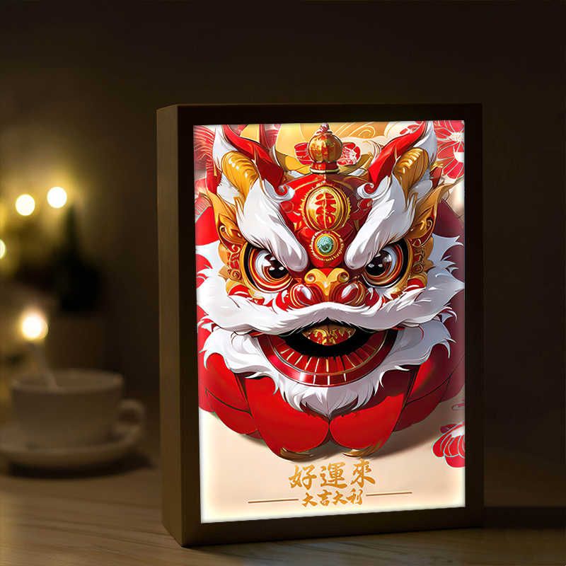 醒狮镜子灯光画国潮风新店开业礼物装饰画卧室床头音响小夜灯摆画
