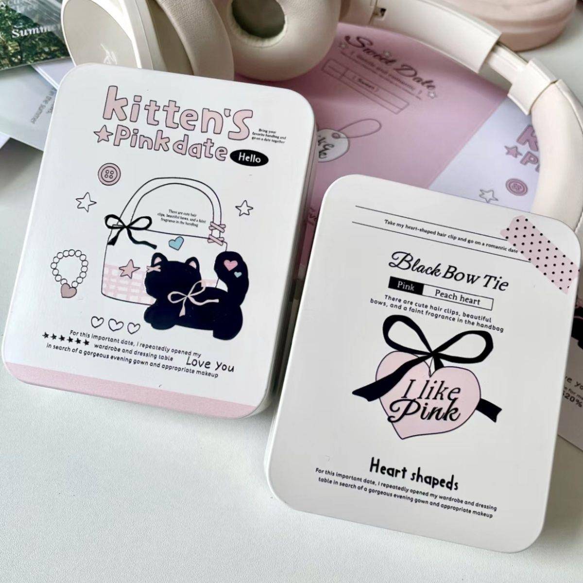 翻盖铁盒ins可爱小猫小卡收纳简约桌面高颜值贴纸收纳盒少女学生