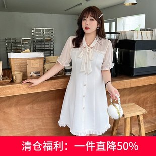 显瘦妹妹胖MM拼接短袖 大码 新款 连衣裙2023夏季 洋气雪纺裙A字 女装