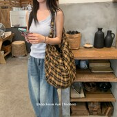 周日茶咖 复古慵懒感黄格子帆布包女大容量单肩斜挎包个性 大包包