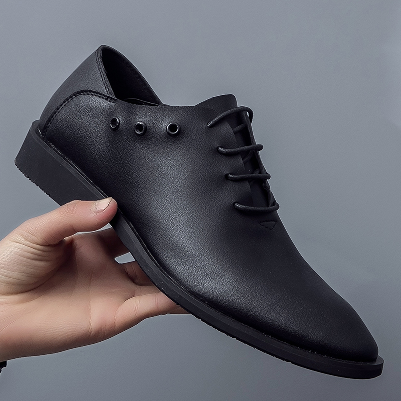 夏季男士商务休闲皮鞋英伦尖头软面皮韩版真皮正装黑色内增高男鞋