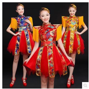 民族舞蹈服装2020新款现代舞演出服短裙水鼓舞打鼓服舞台表演服夏