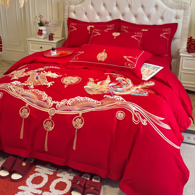 中式龙凤刺绣结婚四件套大红色新婚陪嫁被套婚庆床上用品婚房备婚