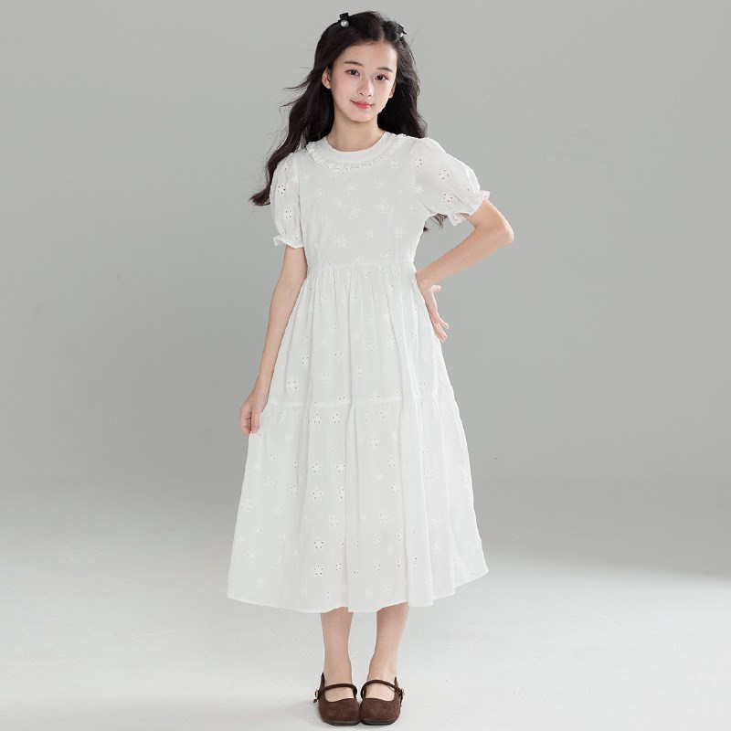茶歇法式白色蕾丝连衣裙女童甜美风裙子泡泡袖公主裙大童女孩长裙