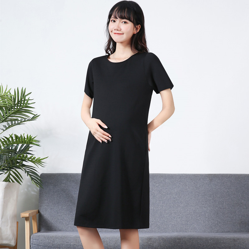 孕妇黑色工作服2021韩版新款潮妈夏季纯棉时尚短袖正装职业连衣裙