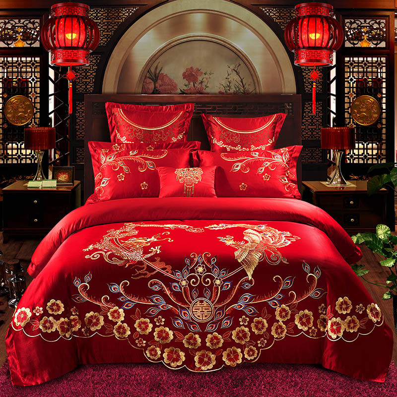 婚庆四件套床上用k品结婚龙凤喜被刺绣红色婚嫁被套新婚床喜字新,床上用品,婚庆床品套件,淘宝优惠券,粉丝福利购,淘宝优惠卷