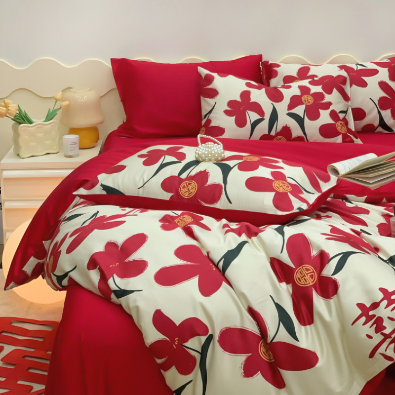 小清新婚庆四件套大红色全v棉喜被罩床单笠结婚房女方嫁礼床上用,床上用品,婚庆床品套件,淘宝优惠券,粉丝福利购,淘宝优惠卷