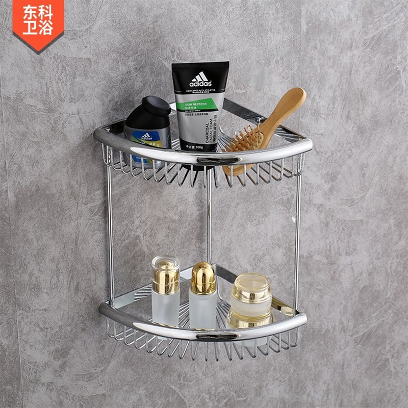 卫生间三角架转角架双层角架银色三角篮洗澡间P置物架镀铬562铜篮