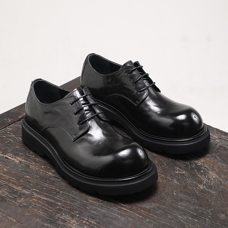 高级感大头德比鞋男款手抓胎牛皮黑色厚底增高英伦风潮流休闲皮鞋