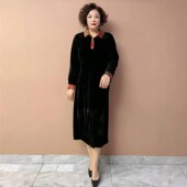 旗E袍连衣裙宽松遮肉洋气大码 秋冬国风中老年妈妈真丝绒装 长袖 长
