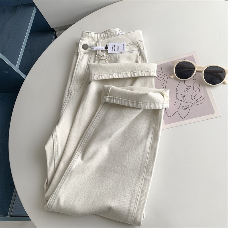 潮牌新款弹力米色牛仔裤韩版休闲时尚百搭高腰直筒萝卜九分长裤