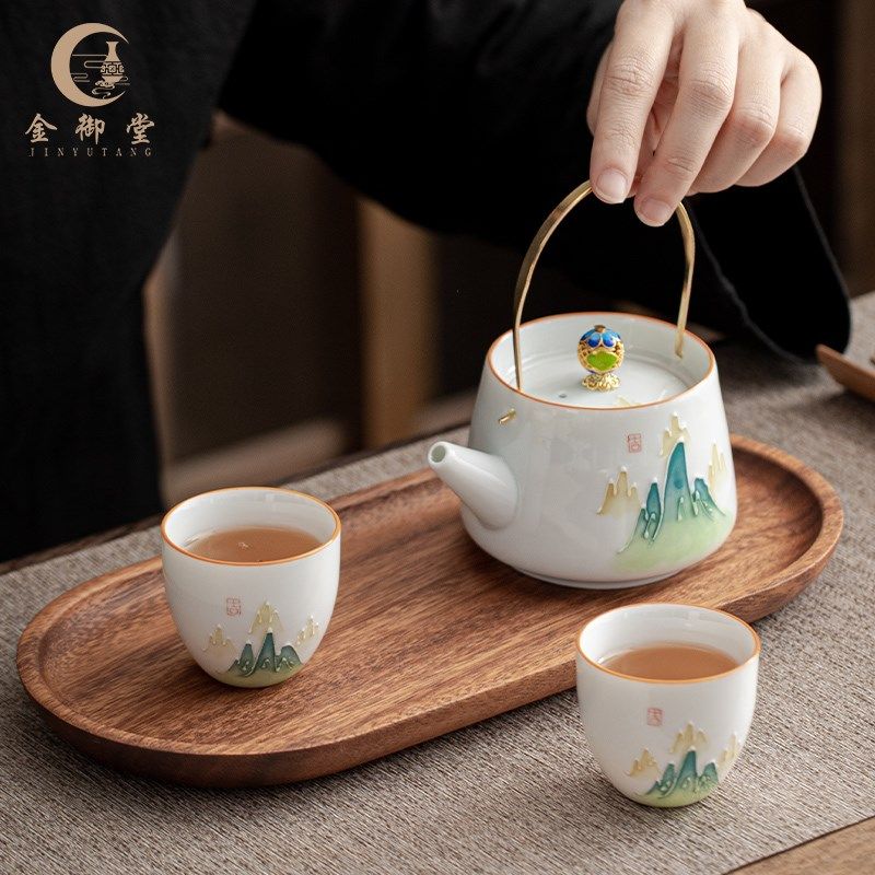 手绘一壶四杯中式提梁壶陶瓷铜把复古功夫茶具家用户外旅行泡茶壶,餐饮具,功夫茶具,淘宝优惠券,粉丝福利购,淘宝优惠卷