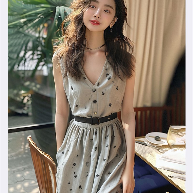 法式高级感灰色碎花v领收腰连衣裙女夏季新款显瘦气质无袖长裙子