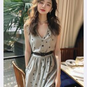 法式 长裙子 显瘦气质无袖 高级感灰色碎花v领收腰连衣裙女夏季 新款