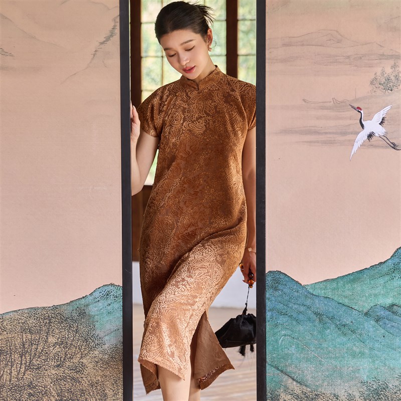 真丝烂花绡香云纱唐装女连衣裙文艺复古改良宽松中式立领旗袍裙女