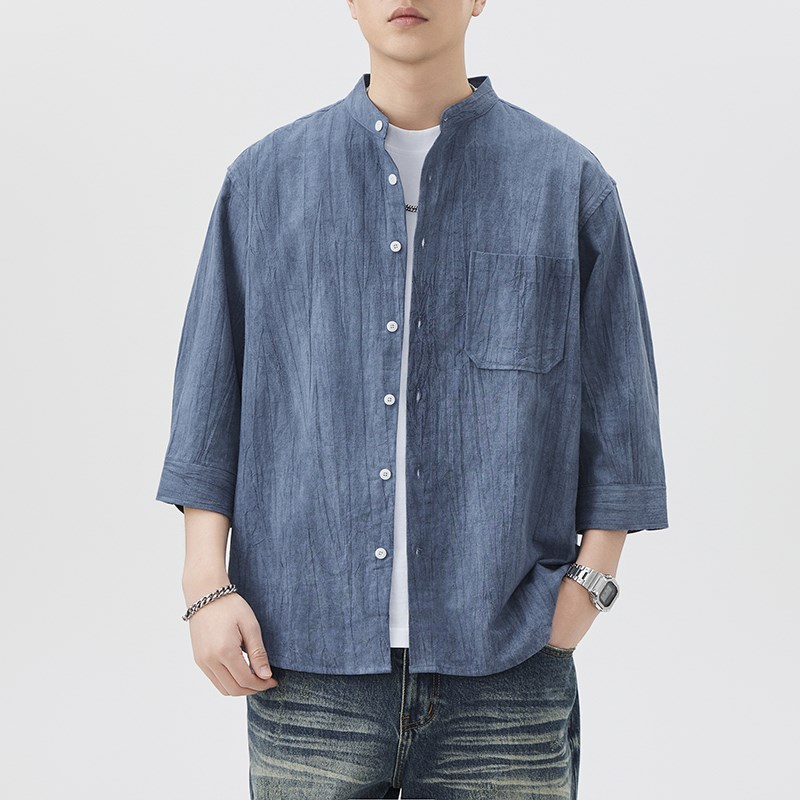 美式高级感棉麻七分袖衬衫男2025夏季薄款短袖复古宽松立领衬衣潮