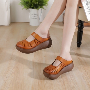 休闲百搭镂空凉拖真皮松糕软底坡跟拖鞋 厚底包头拖鞋 女 新款 夏季