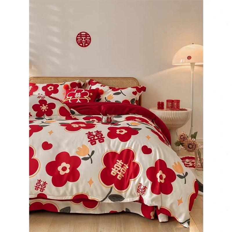 公主风100支印花婚庆四件套大红色全棉纯棉被套结婚床上用品婚嫁4