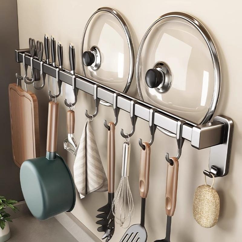 免打孔挂钩多功能厨房排钩壁挂式墙上置物架刀盖架锅勺子收纳挂杆