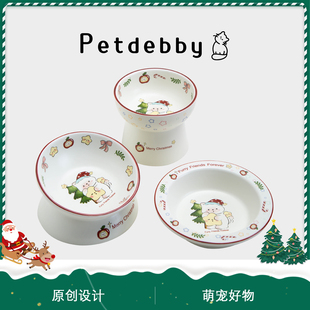 Petdebby卡通圣诞猫碗陶瓷宠物碗防打翻猫狗碗猫咪水碗可爱狗盆