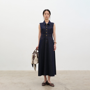 牛仔连衣裙 有袖 张小某春棉混纺法式 复古不掉色普洗蓝微弹力无袖