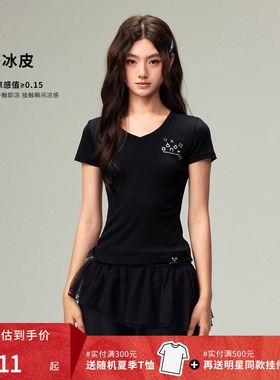 【DNA官方】V领短袖T恤2025夏新款银线刺绣短T时尚修身正肩上衣女