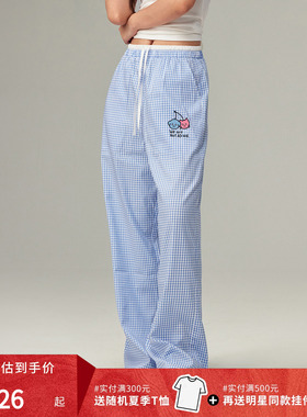 【DNA官方】双腰头撞色印花休闲格子裤2025年夏季新款直筒阔腿裤