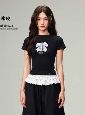 【DNA官方】小猫烫画刺绣修身短款正肩短袖女2025年夏季新款T恤