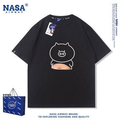 NASA AW大肚小猪趣味卡通图案印花男女纯棉短袖T恤夏季半袖上衣服