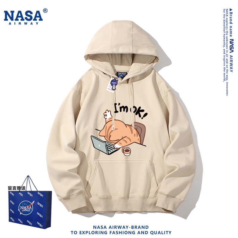 NASA联名I'm ok猫咪卡通图案印花男女连帽卫衣春秋款薄款帽衫上衣
