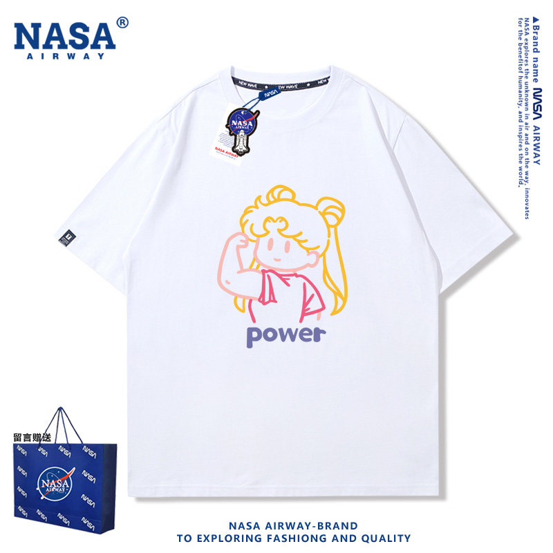 NASA AW力量卡通图案美少女印花运动男女纯棉短袖T恤薄款圆领半袖