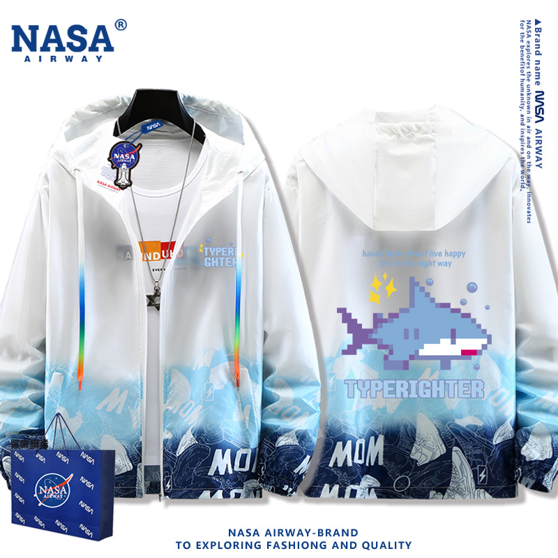 NASA潮牌鲨鱼幽灵像素涂鸦防晒衣新款男女宽松夏季薄款外套上衣服