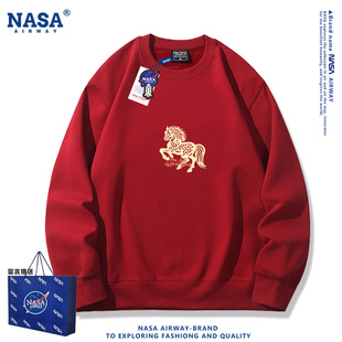 NASA联名2026年马年马到成功新年红色拜年服男女圆领卫衣加绒上衣