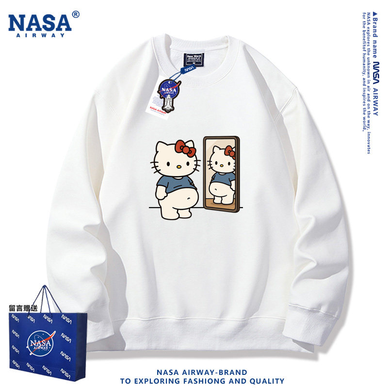 NASA AW美式卡通图案Kitty猫照镜子潮牌印花男女春秋圆领卫衣长袖
