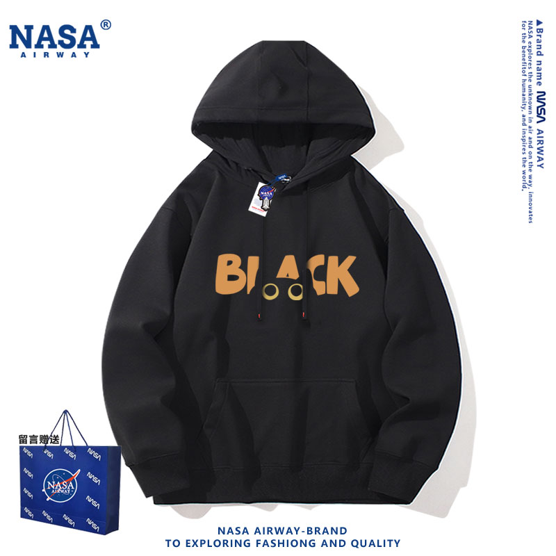 NASA联名黑色猫表情包BLACK英文简约趣味文字春秋连帽卫衣上衣服