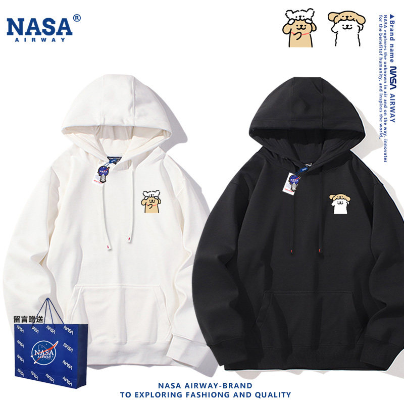 NASA联名小白狗小鸡毛情侣印花卡通图案男女春秋连帽卫衣百搭上衣