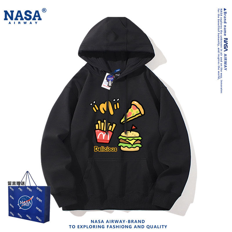 NASA联名潮牌麦当劳美式汉堡卡通图案连帽卫衣男女宽边百搭上衣服