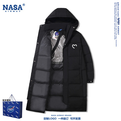 NASA联名爱心简约图案印花情侣装男女连帽羽绒服中长款外套上衣服