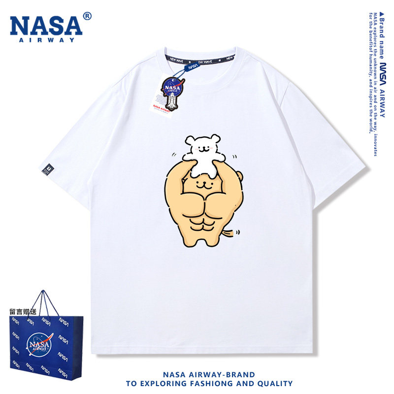 NASA AW肌肉小狗举高高趣味纯棉短袖t恤夏季男女健身运动半袖上衣