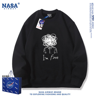 fine头脑混乱美式 NASA 潮牌圆领卫衣男女秋冬加绒百搭上衣