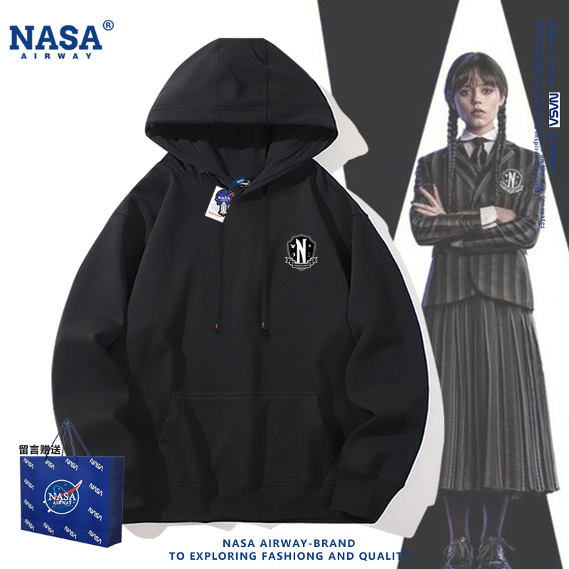 NASA联名亚当斯一家星期三nevermore学院徽章男女秋冬连帽卫衣潮