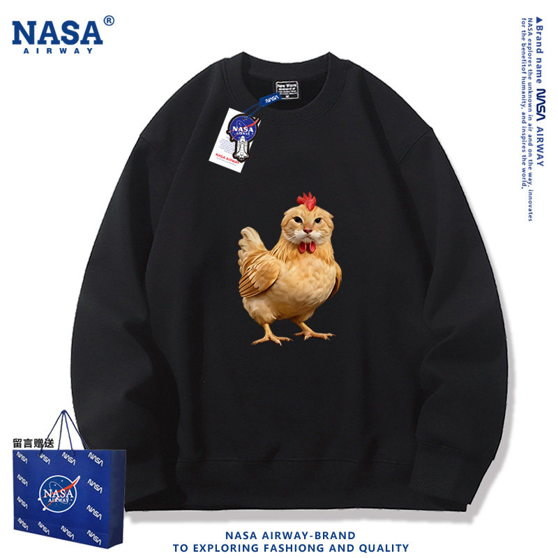 NASA联名美式国潮哈鸡咪猫趣味印花图案男女秋冬圆领卫衣加绒上衣