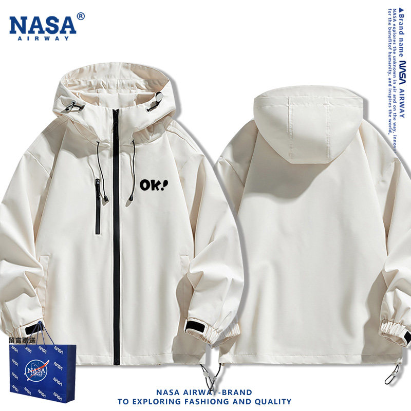 NASA联名ok简约风趣味文字印花图案男女夹克外套连帽冲锋衣春秋款