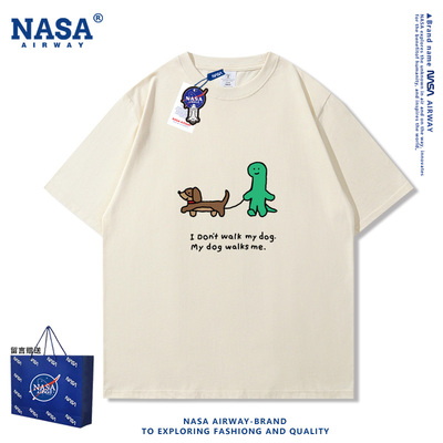 NASA AW乔古漫绿色可爱小恐龙韩国卡通图案纯棉短袖T恤夏季半袖潮
