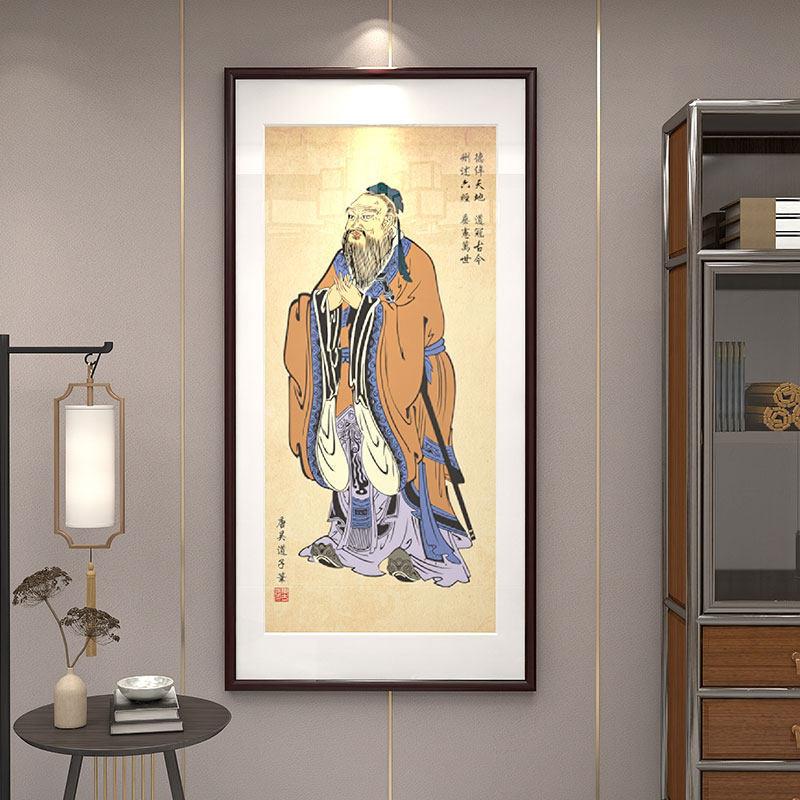孔子画像挂画学校教室装饰画供奉学堂儒家客厅书房中堂带框已装裱