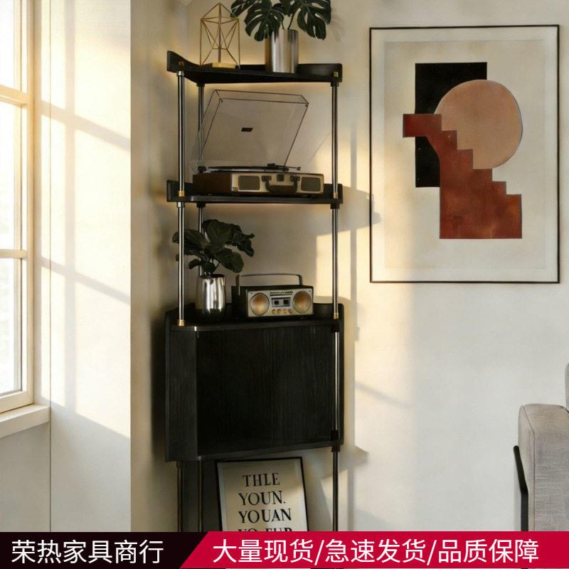 中古风实木不锈钢转角置物架客厅靠墙书架沙发边落地收纳拐三角柜