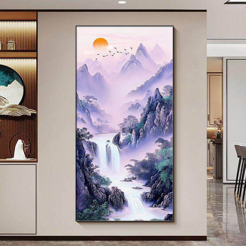 紫气东来玄关画新中式客厅装饰画走廊过道挂画入户山水山水画壁画
