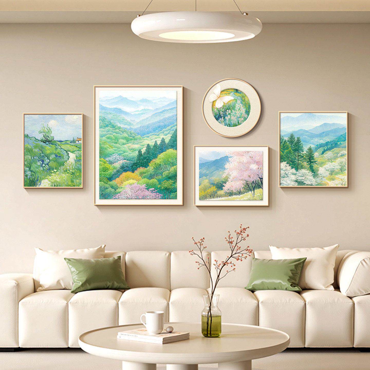 樱花风景野地美树子客厅沙发背景墙装饰画原木风森系唯美组合挂画