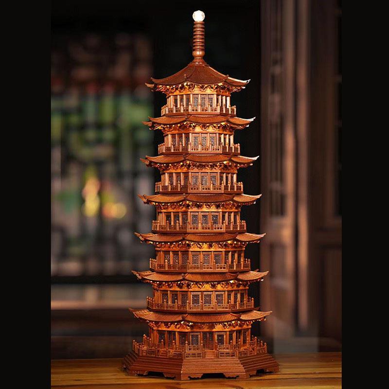 花梨木八角玲珑塔榫卯结构建筑模型工艺品公家居玄关装饰品摆件